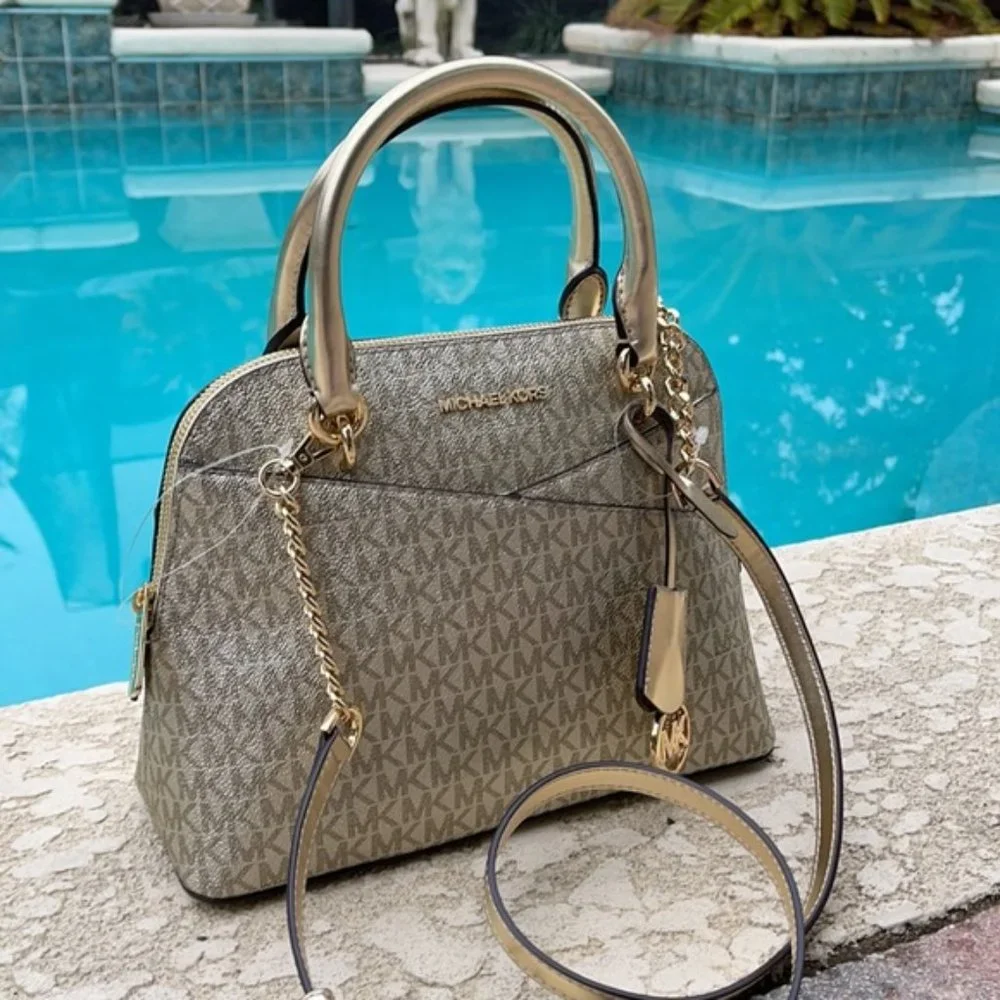 Michael Kors Jet Set Travel Medium Dome Crossbody Satchel Bag Pale Gold - Picture 6 of 16